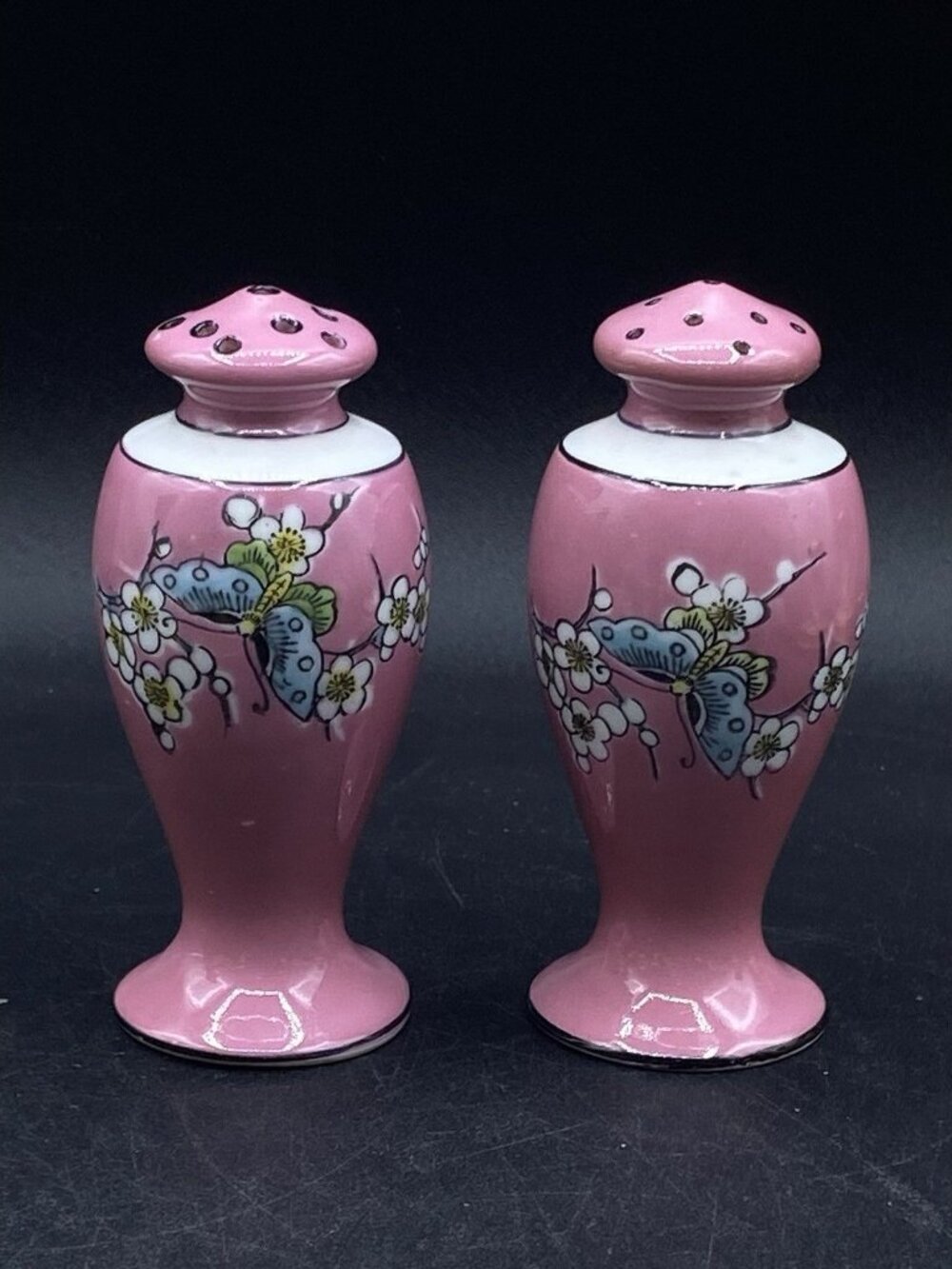 Salt & Pepper Shakers Japan Butterfly Pink Art Nouveau Cherry Blossom Porcelain - Picture 5 of 11